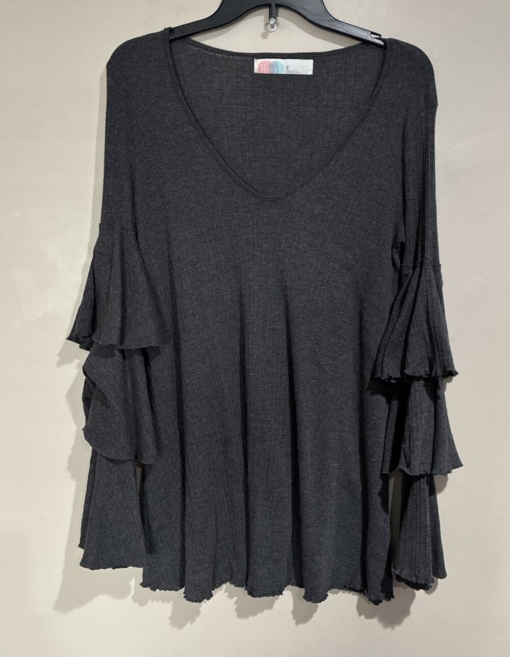 Free People Beach Gray Tiered Ruffle Sleeve Seashore Mini Dress /Tunic Sz XS